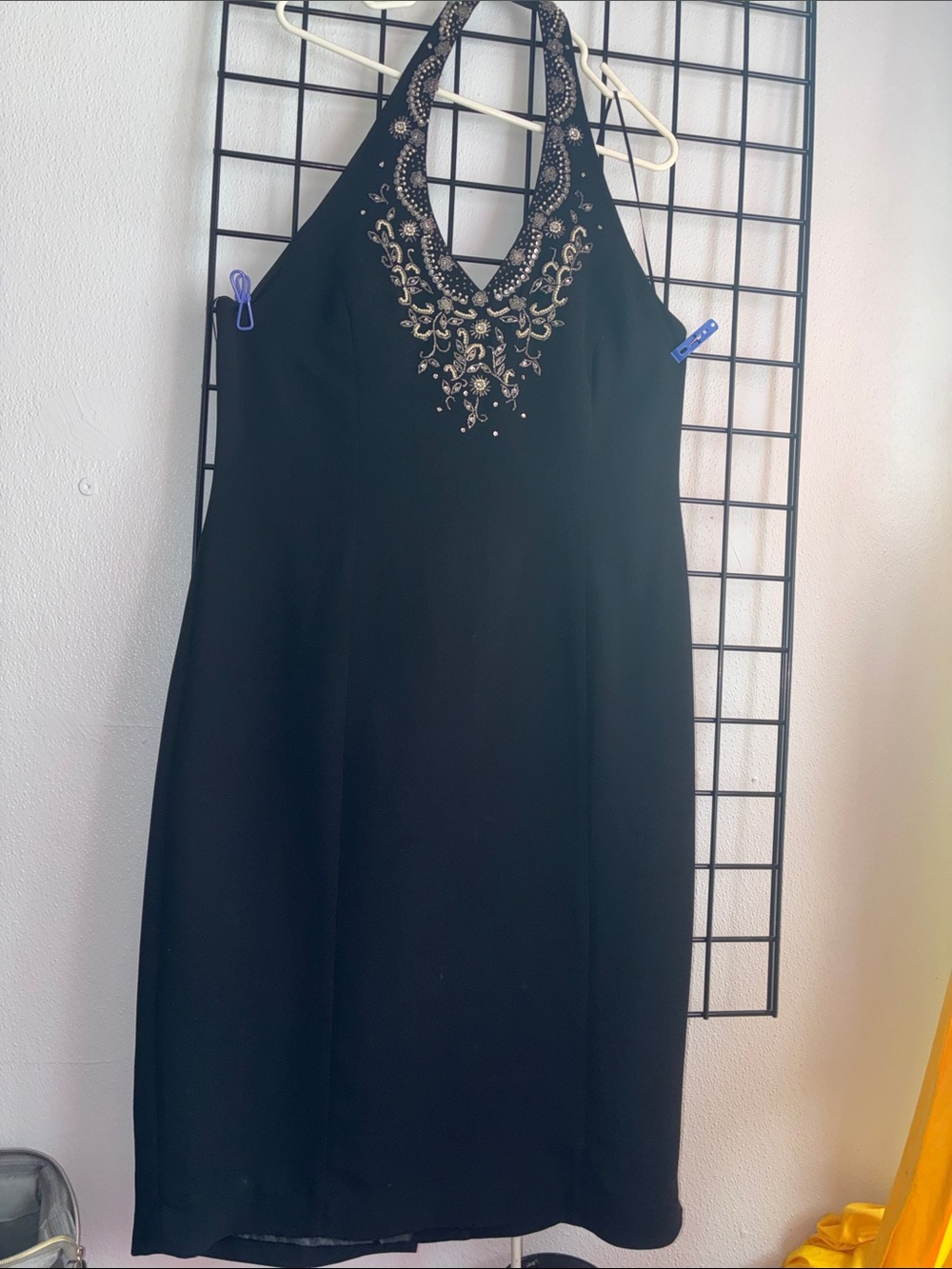 Sandra Darren Black Halter Backless Dress with Gold Embellishment